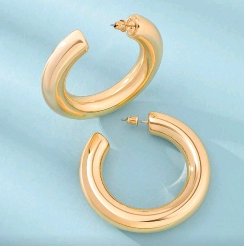 NEW! 14K Gold Plated Statement Tube Large Open Hoop Earrings - Picture 2 of 4